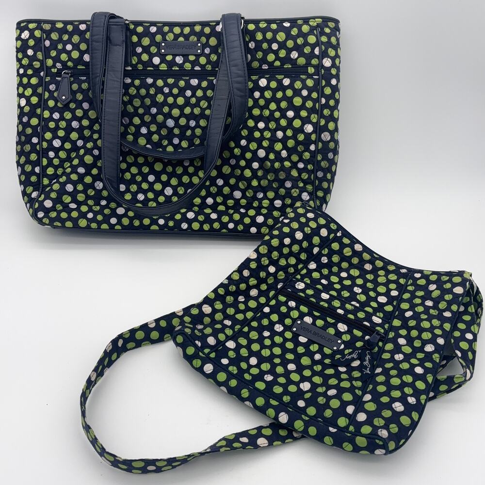 Vera Bradley Lucky Dots Tote & Crossbody Bag Set Navy Green Retired Pattern